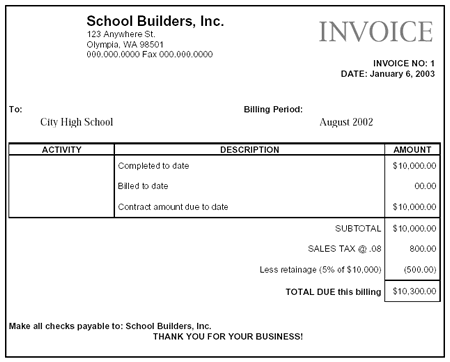 Invoice example for a school builder