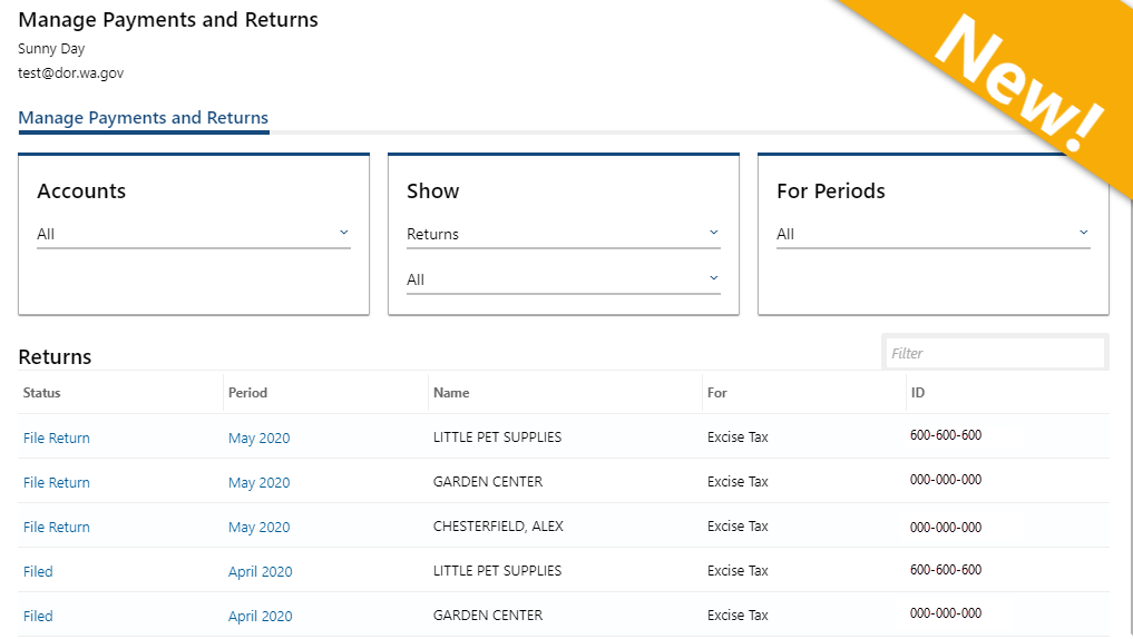 Manage payments and returns view in My DOR