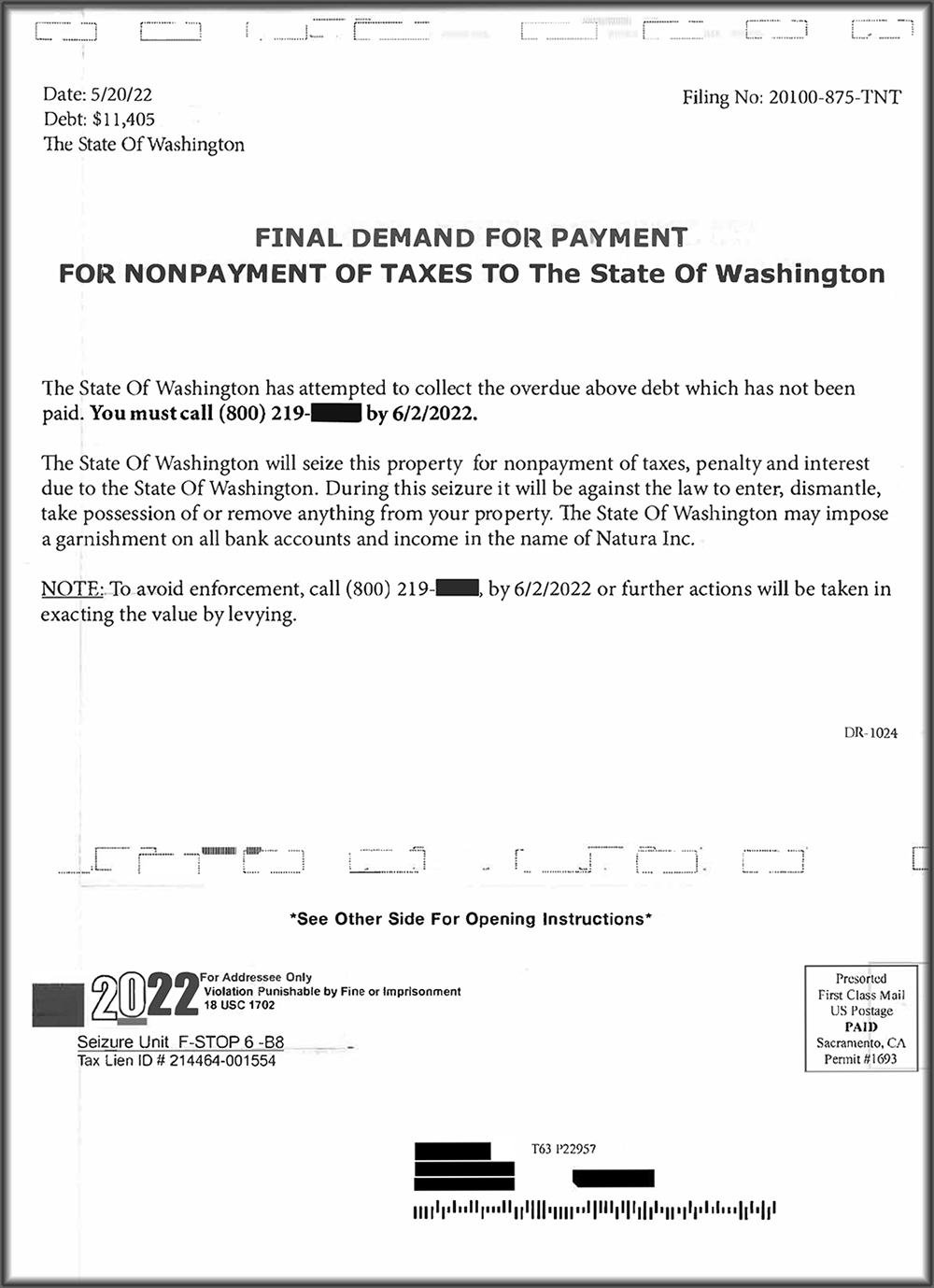Sample scam letter with title "FINAL DEMAND FOR PAYMENT FOR NONPAYMENT OF TAXES TO The State Of Washington"