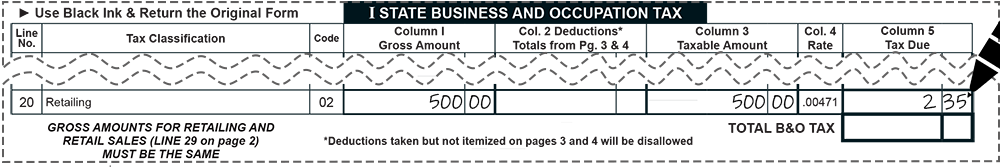 Sample snippet of tax form showing instructions 1 through 4 of step 1: retailing B&O, above