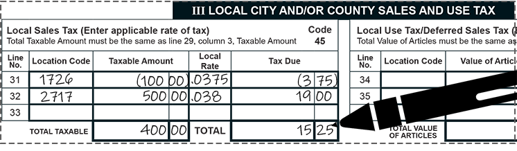 Sample snippet of tax form showing instructions 1 through 3 of step 4: local sales tax, above