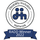 Award graphic for the Disability Inclusion Network's 2022 Winner for Respect, Acceptance, and Dignity of persons with Disabilities (RADD).