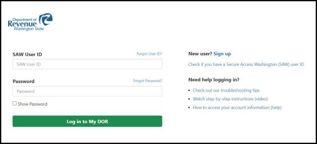 screen capture of My DOR log in page with used ID and password fields and help links for forgot user ID or password, sign up, check if you have a user ID, troubleshooting tips, and other help content